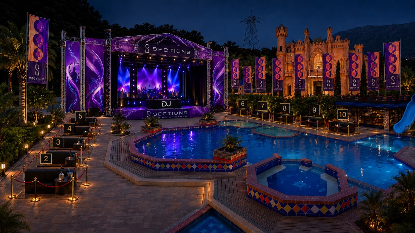 SECTIONS production setup showing the main stage, castle, pool, and numbered tables